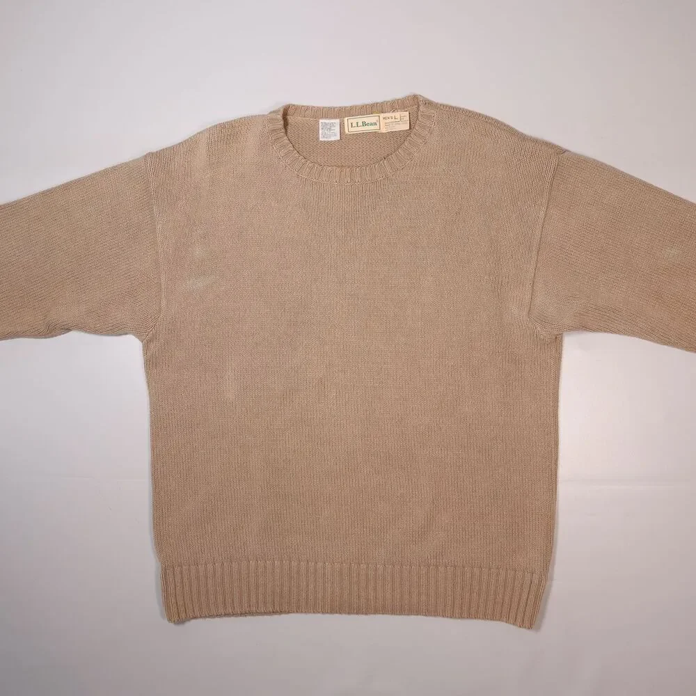 Vintage L.L. Bean Ribbed Crewneck Sweater Beige Cotton Men's Size Large